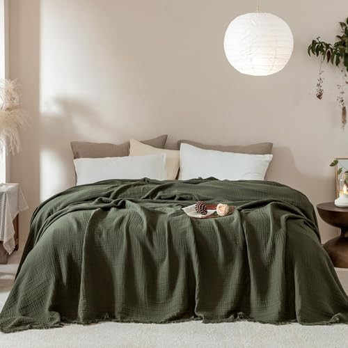 Muslin Fringe Blankets for Adults 100% Cotton Cloud Soft - color: Olive Green, size: Super King (108" × 98")