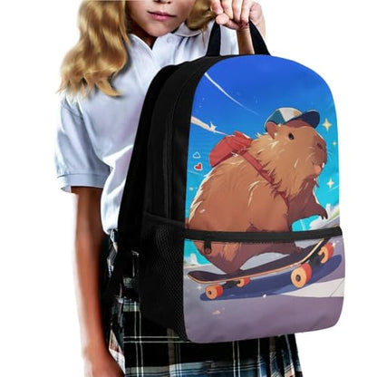 Cute Capybara Backpack for School, Capybara Skateboarding Design Backpack with Lunch Box for Boys Girls 4-in-1 Back to School Set, Lightweight Heavy Duty Bookbags for Age 6-8 - color: Capybara Skateboarding