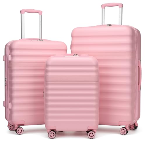 Kono 3-Piece Luggage Set 20/24/28in Expandable Hardside TSA Lock Pink - color: Pink, size: 3-piece set (20/24/28)