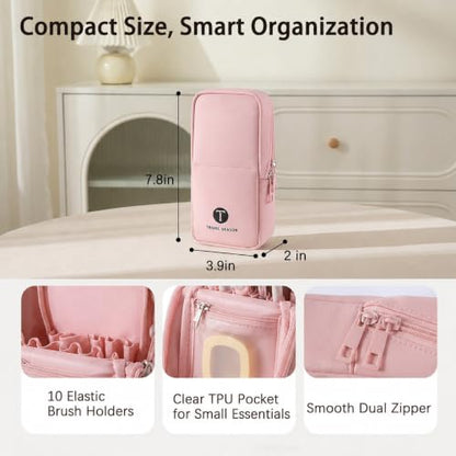 Standing Travel Makeup Bag, Small Fold-Down Makeup Brush Organizer (Pink) - color: Pink