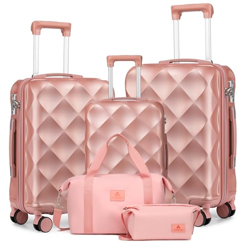 Somago Luggage Sets 5 Piece Hardside 20"/24"/28" with Duffle Toiletry Pouch - color: Rose Gold, size: 5 Piece Set