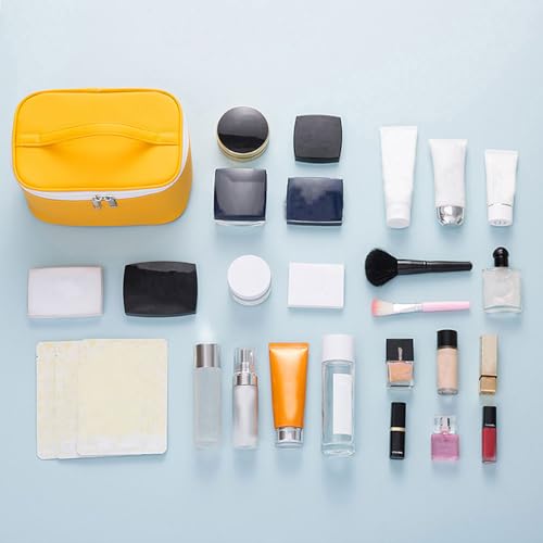 Meiyuuo Travel Makeup Bag for Women, PU Leather Cosmetic Bag, Yellow - color: Bright Yellow