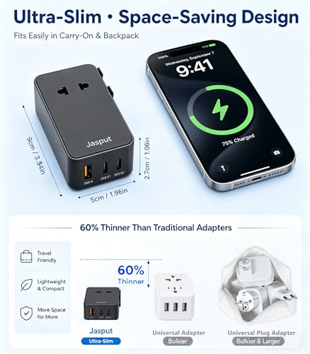 Jasput Universal Travel Adapter, USB-C PD 25W International Plug Adapter - color: Black+USBC 25W