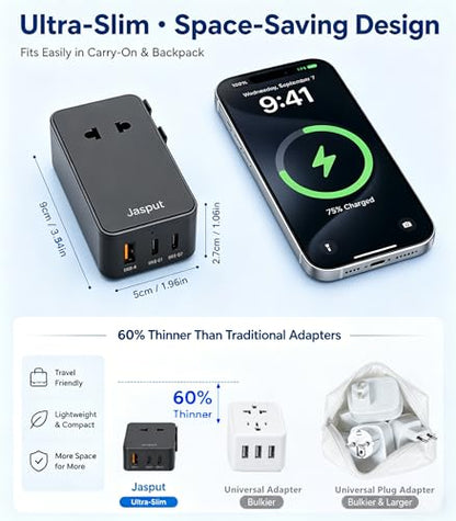 Jasput Universal Travel Adapter, USB-C PD 25W International Plug Adapter - color: Black+USBC 25W