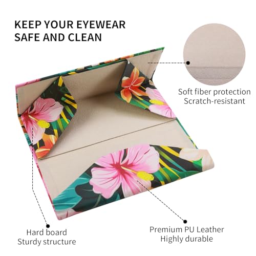 Foldable Glasses Case, Magnetic PU Leahter Sunglasses Case, Cute Hard Shell Folding Eyeglass Cases for Women Kids - color: Black Flower