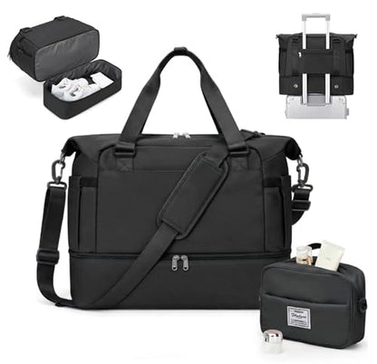 Weekender Bags for Women, Carry On Travel Duffle Bag with Shoe Compartment - color: A- Black