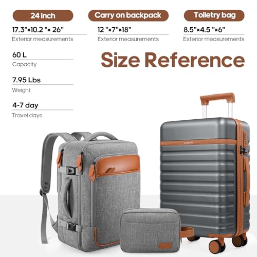 UKEIN Luggage Sets 3 Piece, 24in Checked Luggage With Travel Backpack - color: Grey, size: 3 piece set (24inch)