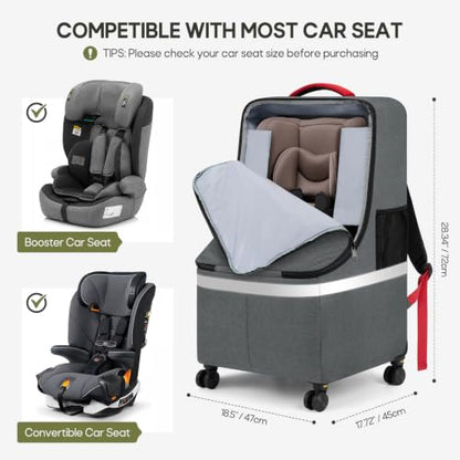 RAINSMORE Padded Car Seat Travel Bag for Airplane with Spinner Wheels - color: Grey