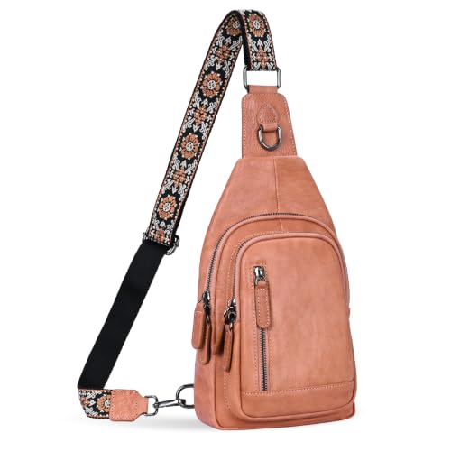 HESHE Leather Sling Bag for Women RFID Crossbody Purse Fanny Pack Chest Bag - color: Pink
