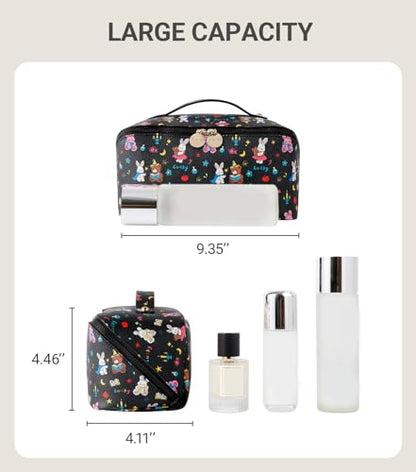 Aveniee Travel Makeup Bag for Women, Large Cosmetic Organizer with Open-Flat Design, Clear Divider & Handle - Waterproof PU Leather Toiletry Case (BunnyPattern) - style: Bunny Bear