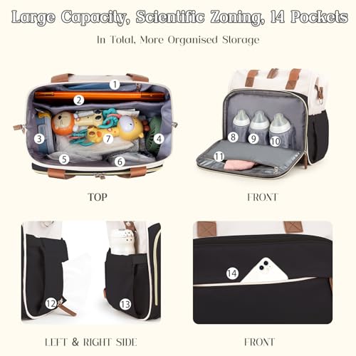 Diaper Bag Backpack Mommy Bag Large Capacity Diaper Backpack Travel Essential Baby Diaper Bag for Mom and Dad, Black (Black & Creamy-White) - color: Black & Creamy-white