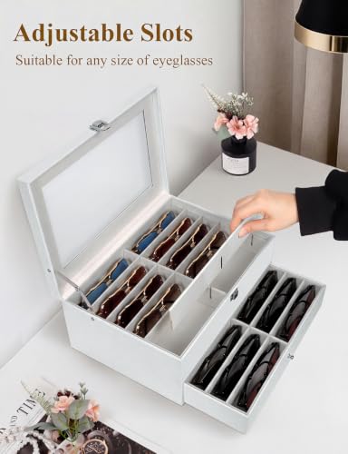 Sunglasses Storage Organizer Case with 24 Adjustable Slots, 2 Layer Multi Eyeglass Glasses Display Box with Lid Women - color: Off White,24 Slots