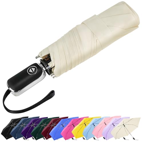 Mini Flat Umbrella Automatic Compact Travel Rain Pocket Purse 42/46 Inch - color: Beige, size: 42inch