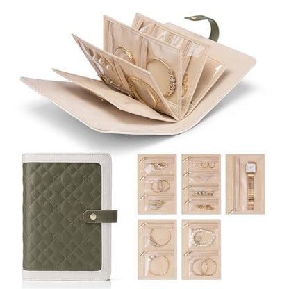 VLANDO Jewelry Organizer,Loose-Leaf with Clear Velvet Pouches,Olive Green - color: 03.Olive Green