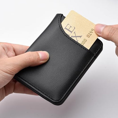 Mini Slim Wallet 5 Card Slots ID Window 1 Money Pocket Faux Leather Thin Compacted - color: Black Cross Grain