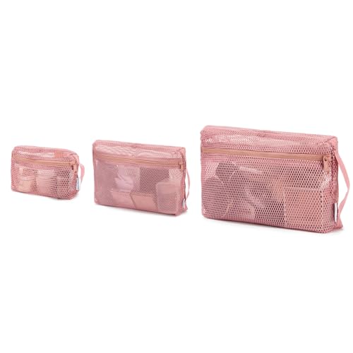 NOL 3-Pack Mesh Travel Toiletry Bags - Clear Zipper Travel Organizer, Airport Carry-On Compliant Reusable Cosmetic Makeup Bag for Women & Men (Dark pink) - color: Dark pink