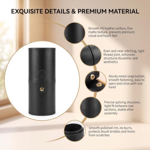 erioctry Black Makeup Brush Case Holder Portable PU Leather Cosmetic Brush Organizer & Storage Roll-up Case for Travel 23 x 8 cm with Snap Closure