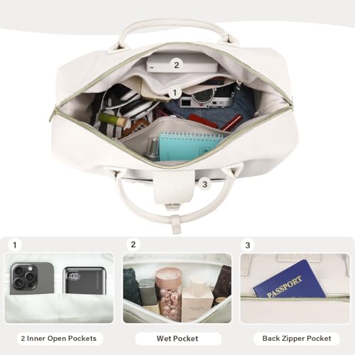 Leather Weekender Bags for Women, Travel Duffel Bag PU Overnight Bag Carry On Tote Bag with Shoe Compartment Wet Pocket - color: White, size: X-Large