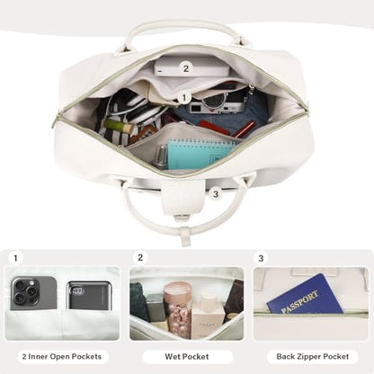 Leather Weekender Bags for Women, Travel Duffel Bag PU Overnight Bag Carry On Tote Bag with Shoe Compartment Wet Pocket - color: White, size: X-Large