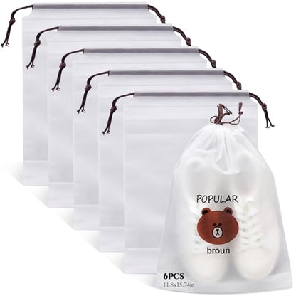 6PCS Clear Shoe Bags for Travel 13" x 11.8" Drawstring Shoe Pouch Packing Waterproof Dustproof Shoe Storage Bag - color: Little Bear 6