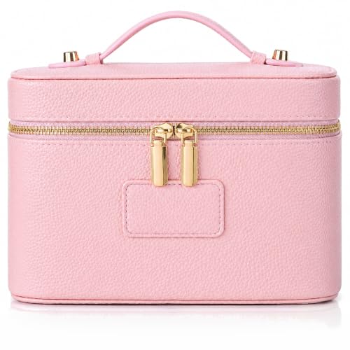 Makeup Bag Travel Toiletry Leather Cosmetic Case, Waterproof Makeup Organizer with Brush Holder, Wipe Clean Removable Divider Vanity Train Bag for Women, Pink - color: Pink