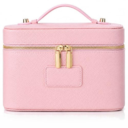 Makeup Bag Travel Toiletry Leather Cosmetic Case, Waterproof Makeup Organizer with Brush Holder, Wipe Clean Removable Divider Vanity Train Bag for Women, Pink - color: Pink