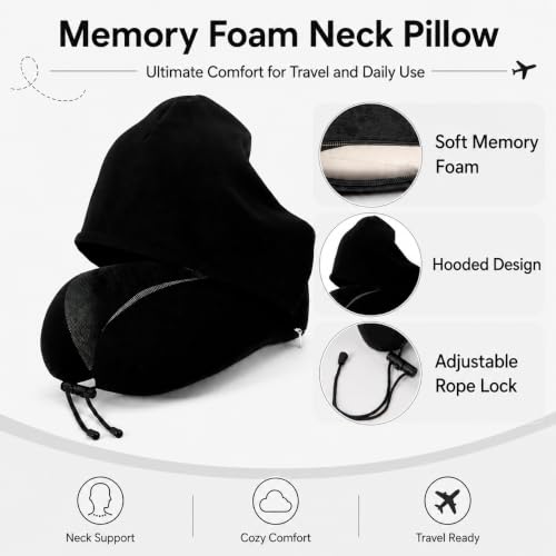 Travel Blanket and Pillow Set - Hooded Neck Pillow Airplane Essential Black - color: Black