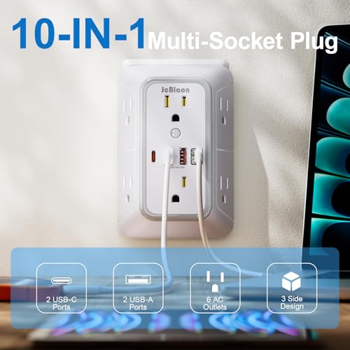 JcBlaon Surge Protector Outlet Extender 6 Outlet Extender with 4 USB Ports (PD 30W), 3 Sided 1050J Multi Plug Wall Adapter Power Strip for Home Travel Office Essentials-ETL - color: White PD30W 1 Pack