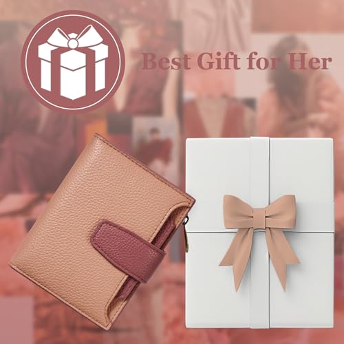 Airkit Small Wallet Women RFID Blocking Vegan Leather Bifold Compact Card Holder Wallet for Women with Zipper Coin Pocket 4 ID Window - color: Colorblock - Blush Pink/Red
