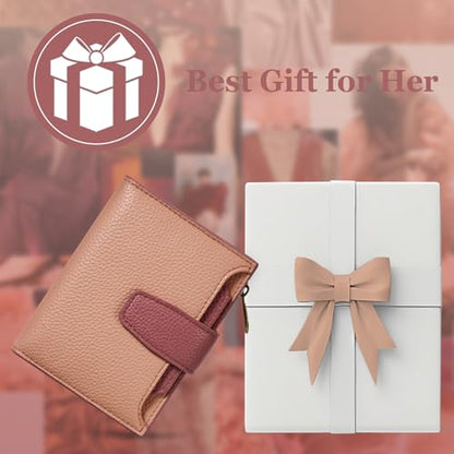 Airkit Small Wallet Women RFID Blocking Vegan Leather Bifold Compact Card Holder Wallet for Women with Zipper Coin Pocket 4 ID Window - color: Colorblock - Blush Pink/Red