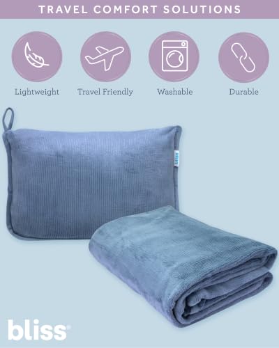 Bliss Faille Travel Pillow & Blanket Set, 2-in-1, Compact - color: Denim Blue