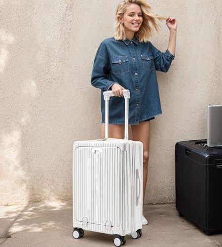 feilario Hardside Carry On Luggage, Zipper Closure, TSA Lock, USB Port - color: A-Ivory White(with zipper closure)
