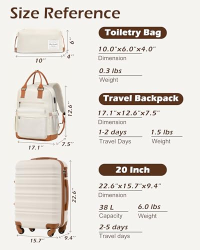 LONG VACATION Luggage Sets, 3 Piece, 20 Inch Carry On Hardshell Suitcase - color: BEIGE-BROWN, size: 3-Piece Set (20-Inch BP/TB)
