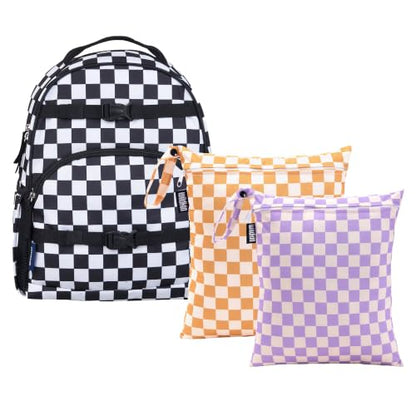 Wildkin Wet Bag Set & 15-Inch Eco Backpack Bundle for Kids – Leakproof Waterproof Wet/Dry Bags & Lightweight Sustainable for School & Travel - Black and White Checkered