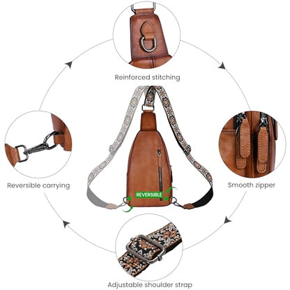 HESHE Leather Sling Bag for Women RFID Crossbody Purse Fanny Pack Chest Bag - color: Light Brown