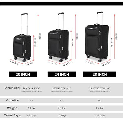 WireHot 3-Piece Softside Expandable Luggage Set, Black, 20in/24in/28in - color: Black