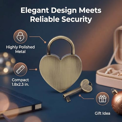 HEEPDD Heart Shaped Padlock, 1.8 x 2.3in Mini Small Padlock with Keys - color: Ancient Gold