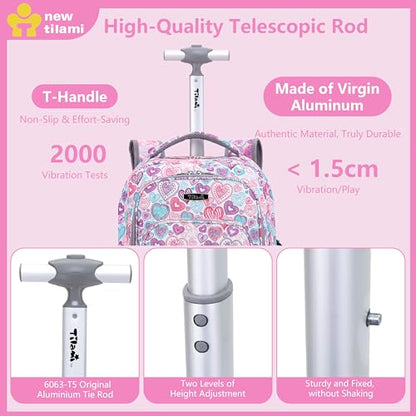 NEW TILAMI 18 Inch Rolling Backpack with Lunch Bag for Girls Boys School - color: Pink Love