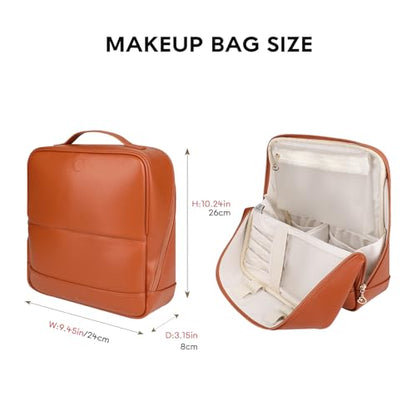 GIVLEFLY Standing Makeup Bag for Women, Large Travel Cosmetic Organizer - color: Brown