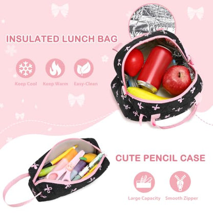 Quilted Backpack for Girls with Lunch Box Pencil Case - color: Black Bows