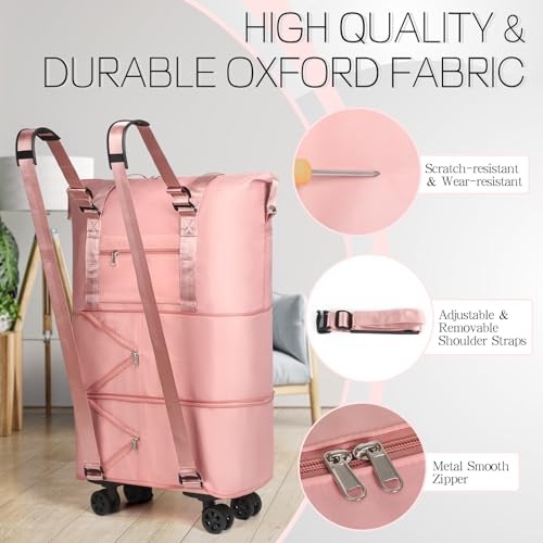 Duffel Bag with Wheels - Rolling Foldable Expandable Duffle bags for Travel, Rolling Under Seat Luggage Carry On Travel Bag, Large Wheeled Overnight Weekender Bag (Pink) - color: Pink
