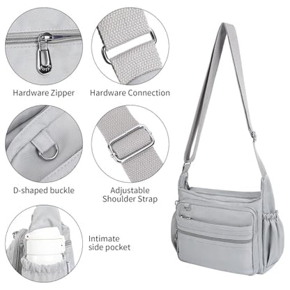 Crossbody Bag for Women Waterproof Shoulder Bag Multi Pockets Nylon Purse - color: Lightgray-l