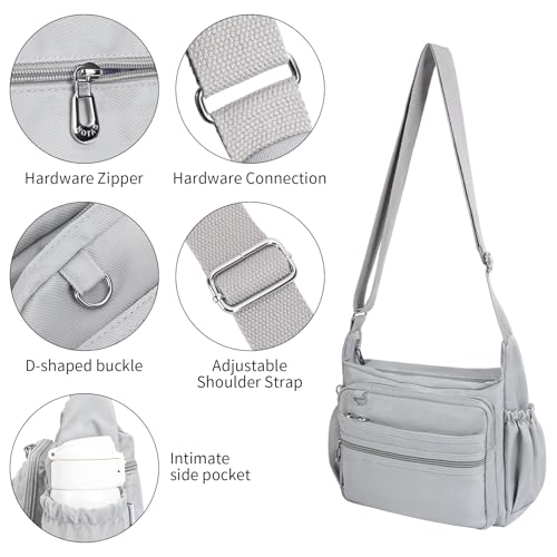 Crossbody Bag for Women Waterproof Shoulder Bag Multi Pockets Nylon Purse - color: Lightgray-l