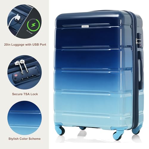 3 Luggage Sets, ABS Hardshell Suitcase Spinner Wheels with USB Port - color: blue and navy
