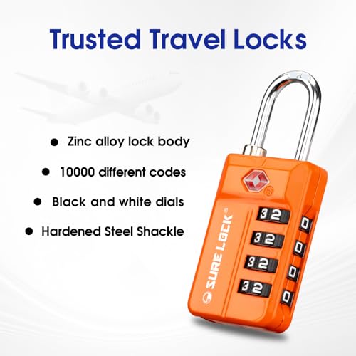 SURE LOCK TSA Approved 4-Digit Resettable Combination Luggage Locks with Open Alert, Easy-Read Dials - for Luggage, School Lockers, Gym, Office, Toolbox & Security Cases (Orange 2 Pack) - color: ORANGE 2PACK
