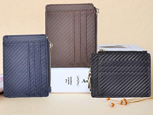 woogwin Slim RFID Credit Card Holder for Women Mini Front Pocket Wallet Purse With Keychain - color: Carbon Fiber Leather Darkblue
