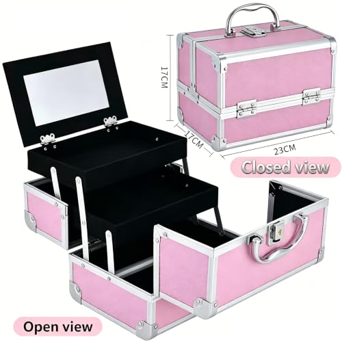 Aluminum Makeup Case with Mirror & Lock, 3‑Tray Cosmetic Organizer, Pink