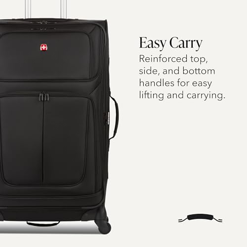 SwissGear Sion Softside Expandable Spinner Luggage Durable Lightweight Travel Suitcase, Black, Checked-Large - color: Black, size: Checked-Large