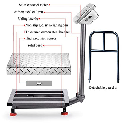 660lb Industrial Platform Scale with Removable Guardrail, Foldable Digital Shipping Scale, Double-Sided HD Display, Accurate LB/KG Postal Scale for Luggage, Package, Warehouse