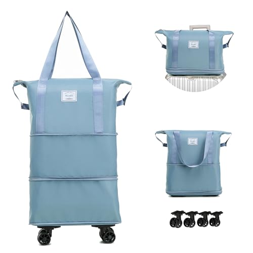 Travel Rolling Duffel Bag with Removable Wheels,Expandable Foldable Carry-On Luggage for Trip or Hospitalization - color: blue